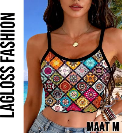 LaGloss® Dames Boho Zomer Crop Top Camisole Met Mandala Print en Spaghettibandjes – Casual – Bohemian – Lente/Zomer – Maat M