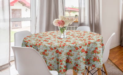 ABAKUHAUS Bloemige Ronde Tafelkleed, Rozenbloesemflora, Cirkelvormige tafelkleedbedekking voor eetkamerkeukendecoratie, 150 cm, Blauw en Zalm