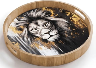 Dienblad rond 40x40 cm - Schootdienblad hout - Leeuw - Portret - Verfspatten - Grijs - Borrelplank rechthoek - Plateau houten dienbladen