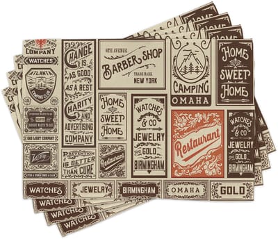 ABAKUHAUS Antieke placemats, Mega-pack vintage reclame, ontwerpen, labels & collecties, krantnostalgie, tafeldecoratie van kleurvaste stoffen voor eetkamer en keuken, Oranje, Bruin, Crème