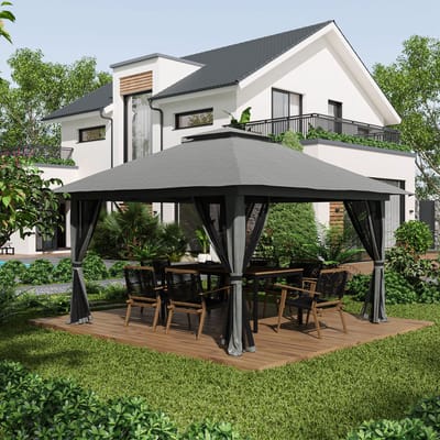 MEUNIQ partytent paviljoen 392 x 392 cm met dubbel dak, netwanden, UV50+ zonwering, waterdichte Oxford-polyester kap en verstelbare hoogte voor tuin of terras