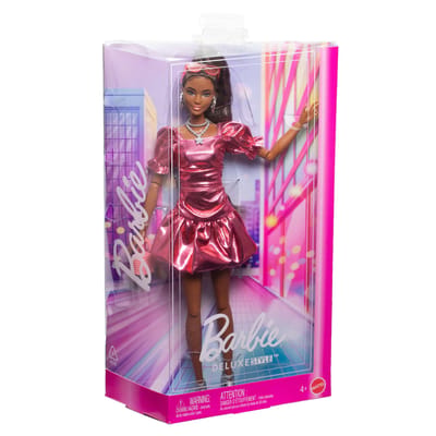Barbie Deluxe Stijl Pop - Metallic Koraalroze Jurk met bellenzoom