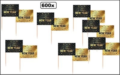 600x Luxe cocktail prikkers Happy New year zwart/goud - vlagprikkers - Gelukkig nieuwjaar tapas hapjes feest