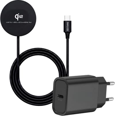 Draadloze Qi2 Oplader Gecertificeerd 15W Magnetisch Nylon 1 Meter + USB C Adapter 20W Power Delivery Snellader Zwart