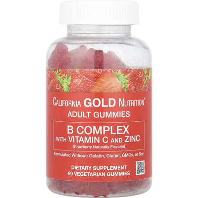 California Gold Nutrition, Gummies au complexe B, avec vitamine C et zinc, saveur naturelle de fraise, 90 gummies végétariens