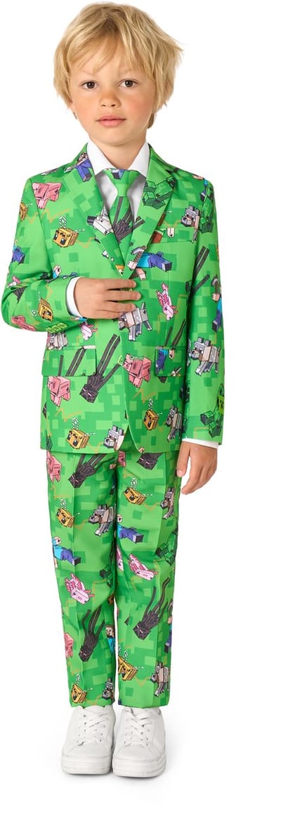 OppoSuits Minecraft Jongens Pak - Kids Kostuum - Blazer, broek en stropdas - Verkleedkleding - Groen - Game Outfit - Maat EU98/104