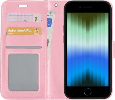 Hoesje Met Pasjeshouder - Geschikt voor Apple iPhone SE (2022) - Luxe Bookcase Portemonee - Flip Case - Kunstleer Book Case - Flipcase - Book Cover - Walletcase - Portemonneehoes - Lichtroze