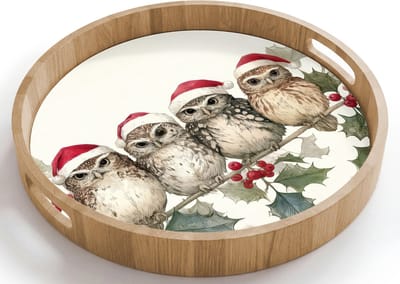 Dienblad rond 40x40 cm - Schootdienblad hout - Uilen - Tak - Hulstblaadjes - Kerstmuts - Borrelplank rechthoek - Plateau houten dienbladen