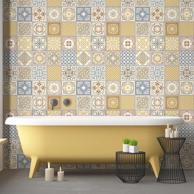 Zelfklevende tegelmuurstickers voor keuken en badkamer - 60 cementtegelstickers, Azulejos Amaya-stijl - 60 stickers, 20x20 cm