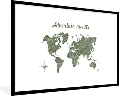 Poster in lijst - Fotolijst 90x60 cm - Posters - Wereldkaart - Groen - Quote - Posterlijst zwart - Decoratie - Wanddecoratie woonkamer - Muurdecoratie slaapkamer