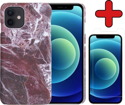 Hoesje Geschikt voor iPhone 12 Mini Hoesje Marmer Hardcover Fashion Case Hoes Met Screenprotector - Hoes Geschikt voor iPhone 12 Mini Marmer Hoesje Hardcase Back Cover - Rood