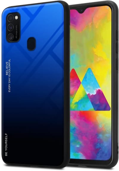 Cadorabo Hoesje geschikt voor Samsung Galaxy M21 / M30s in BLAUW - ZWART - Tweekleurige beschermhoes van TPU-silicone Case Cover en achterzijde van gehard glas