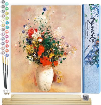 Figured'Art Schilderen op Nummer Volwassenen canvas Vaas met Bloemen - Odilon Redon - Handwerk acrylverf Kit DIY Compleet - 40x50cm met DIY houten lijst