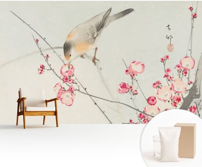 Wallfluent Behang - Bloemvogel Vliesbehang - 416x254 cm - Zwart Behang - Voor liefhebbers van geschiedenis en reizen - Behang Voor op kantoor, voor de hal, voor de woonkamer - Behangrol Bloemen en planten