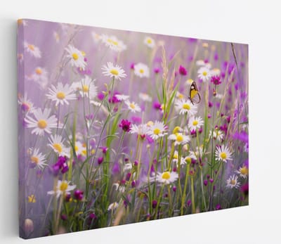 Saammp Canvas Schilderij - bloemen in veld - Natuur - 45x30 - Foto op canvas - Wanddecoratie - Muurdecoratie Woonkamer - Kantoor Decoratie