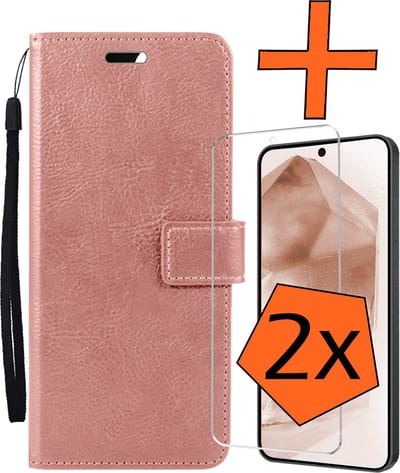 Hoes - Met 2x Screenprotector - Geschikt voor Samsung Galaxy A55 - Luxe Pasjeshouder - Bookcase Portemonee - Flip Case - Kunstleer Book Case - Flipcase Hoes - Book Cover - Walletcase - PortemonneeHoes - Rosé goud