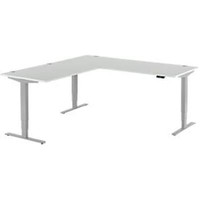 AERO FLEX hoekbureau, elektrisch in hoogte verstelbaar, hoek 90°, T-voet, B 2000 x D 2000 mm, aluminium lichtgrijs/wit + memorypaneel