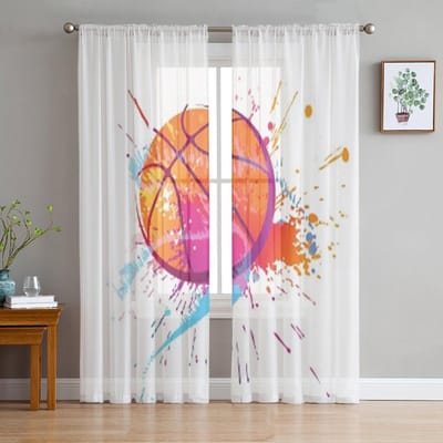 Kleurrijke Basketbal Met Stippen En Spetters Op Witte Tule Transparante Gordijnen voor Woonkamer Keukendecor Voile Organza Gordijn 135W x 114H(cm) white