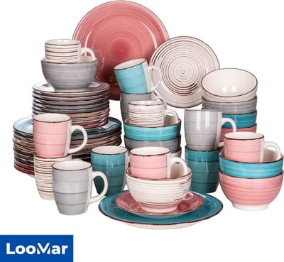 LooMar Serviesset – 48 delig – 12 persoons – Porselein - Luxe – Bordenset – Dinner platen – Dessertborden - Roze - Multi Color