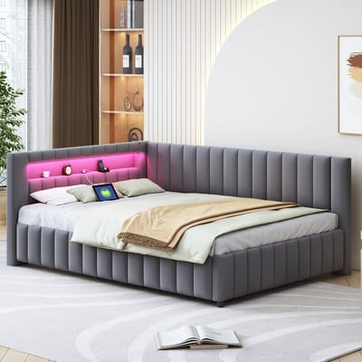 Gestoffeerd Bed/Slaapbank 140x200 cm, Bekleed met Fluweel, met Ledverlichting en USB-Oplaadpoort, Inclusief Rugleuning, Hoofdeinde en Stevig Bedframe, Donkergrijs