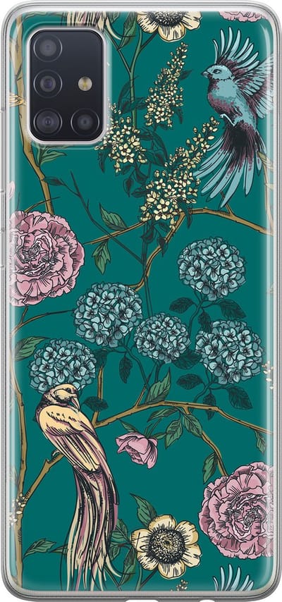Hoesje geschikt voor Samsung Galaxy A51 - Vogels Japanse bloemen - Soft Case - TPU - Bloemen - Blauw - Mooie Telefoonhoesjes