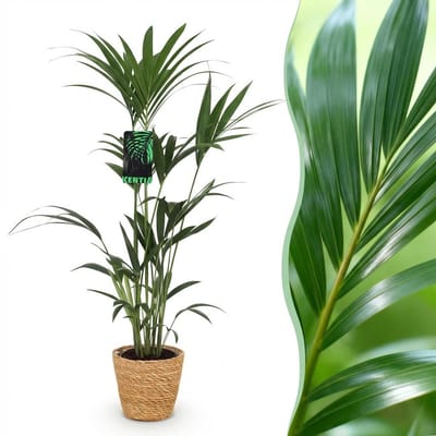 Plantenboetiek.nl | Howea Forsteriana - Kentia Palm - Weinig Onderhoud - Groen - met Mand - Ø21cm - 120-130cm hoog - Kamerplant - Arrangement - Plant met pot