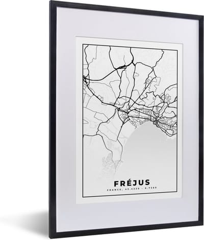 Fotolijst incl. Poster Zwart Wit- Frankrijk - Plattegrond - Fréjus - Stadskaart - Kaart - Zwart wit - 30x40 cm - Posterlijst