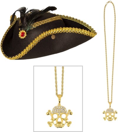 Boland Verkleedkleding set piratenhoed - zwart/goud - met gouden piraten thema ketting - Piraten feest accessiores - dames/heren