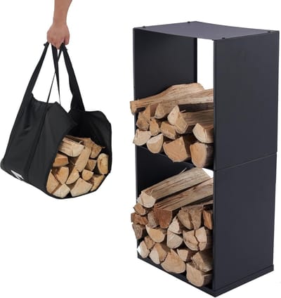 Brandhoutrek met Draagtas voor Binnen en Buiten - Houtopslag in Zwart Metaal (40x28x80cm)