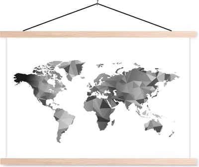 Wereldkaart zwart - grijs - wit - schoolplaat platte latten blank 150x100 cm - Foto print op textielposter (wanddecoratie woonkamer/slaapkamer)