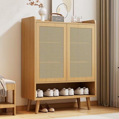 Wishdor - Schoenenkast Met 2 Deuren En 5 Legplanken - Push-To-Open - Spaanplaat Met Massiefhouten Poten - Licht Eiken - 80 X 105 X 35 Cm