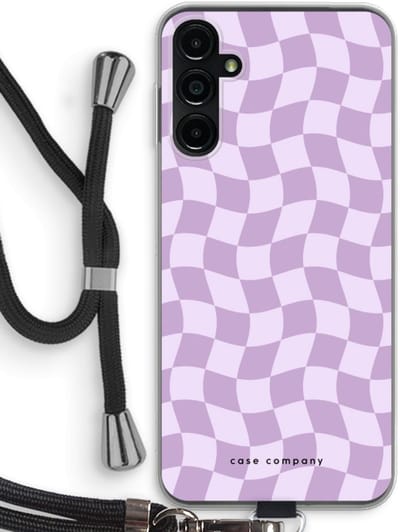 Case Company® - Hoesje met koord geschikt voor Samsung Galaxy A14 hoesje met Koord - Grid Paars - Telefoonhoesje met Zwart Koord - Bescherming aan alle Kanten en Over de Schermrand