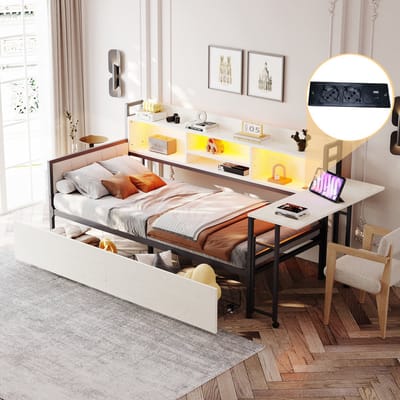 REDOM Bedbank – 90x200 cm – Met LED-verlichting, opberglades & uitschuifbaar bureau – Metaal – Wit