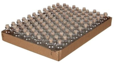Glazen flesje Mini met kurk 20ml 6cm hoog Ø 3 cm (tray met 105 stuks)