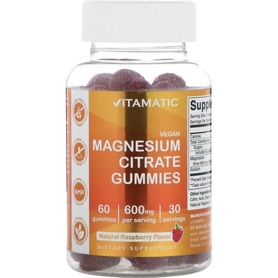 Vitamatic, veganistische magnesiumcitraatgummies, natuurlijke frambozensmaak, 600 mg, 60 gummies (300 mg per gummy)