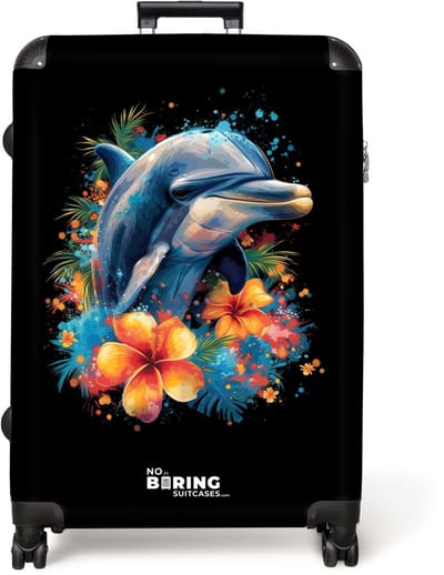 NoBoringSuitcases.com® - Koffer groot - Reiskoffer lichtgewicht - Dolfijn te midden van graffiti bloemen - Rolkoffer met 4 wielen - Grote trolley XL - 98 liter bagage