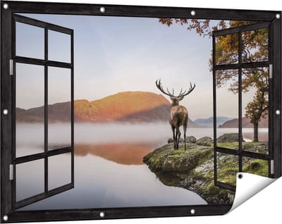 Gards Tuinposter Doorkijk Hert bij een Meer - 120x80 cm - Tuindoek - Tuindecoratie - Wanddecoratie buiten - Tuinschilderij