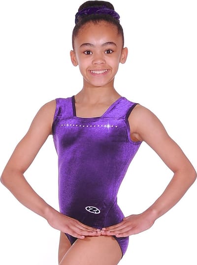 Paars effen velours Sparkle turnpakje mouwloos maat 104-110 meisjes gympakje paarse saffier velourse fluweel fluwelen stretch steentjes