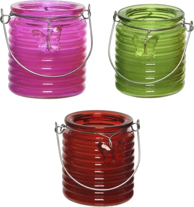 Citronella kaars - 3x - in windlicht - roze/groen en rood - 20 branduren - citrusgeur