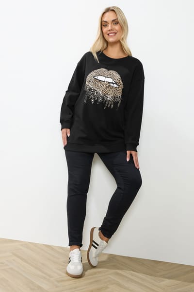 Yours Zwarte Luipaard Lippen Pailletten Versierde Sweatshirt Size 44