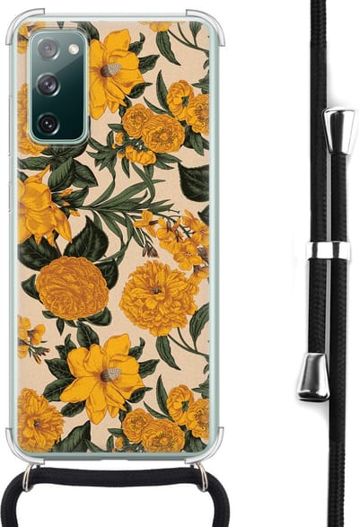 Hoesje met koord - Geschikt voor Samsung Galaxy S20 FE - Retro flowers - Verstelbaar zwart koord - Crossbody - Bloemen - Transparant, Oranje - Leuke Telefoonhoesjes