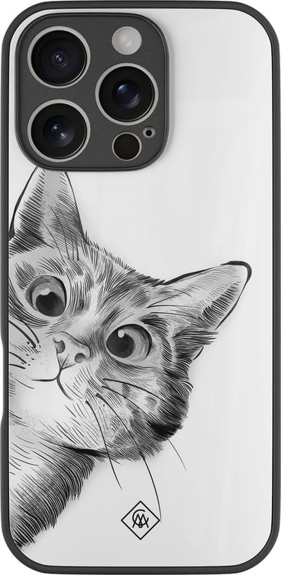 Casimoda® hoesje - Geschikt voor iPhone 16 Pro - Peekaboo Kat - Luxe Hard Case Zwart - Backcover telefoonhoesje - Grijs