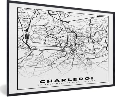 Fotolijst incl. Poster Zwart Wit- Plattegrond – Charleroi – Zwart Wit – Stadskaart - Kaart - België - 60x40 cm - Posterlijst