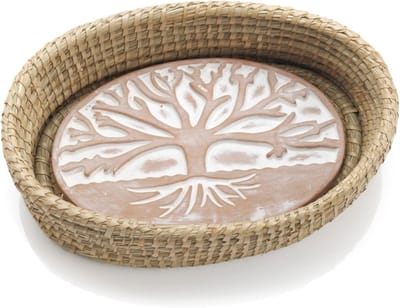 Broodmand met warmer - Ovale serveermand - Warm brood serveren - Natuurlijk levensboom design - 32x22x9 cm - Bruin