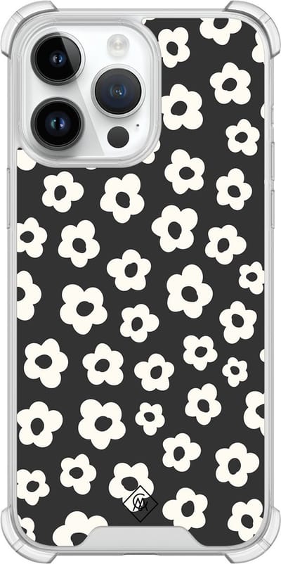Casimoda® hoesje - Geschikt voor iPhone 14 Pro Max - Retro Bloempjes - Shockproof case - Extra sterk - TPU/polycarbonaat - Zwart, Transparant