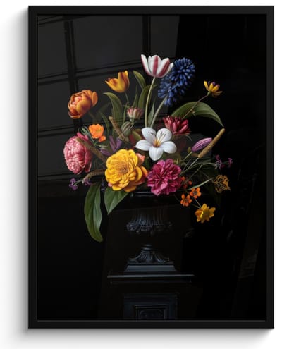 Poster in lijst - Fotolijst 50x70 cm - Posters - Lente - Bloemen - Klassiek - Vaas - Posterlijst zwart - Decoratie - Wanddecoratie woonkamer - Muurdecoratie slaapkamer