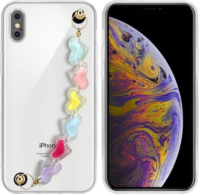 Cadorabo Hoesje geschikt voor Apple iPhone XS MAX in Transparant met kleurrijke hartjes - Beschermhoes van flexibel TPU silicone Case Cover met polsketting