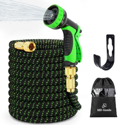 MD-Goods Flexibele Tuinslang tot 30 Meter + Sproeikop, opbergtas en koppelstukken - uitrekbare Waterslang - Zwart/Groen