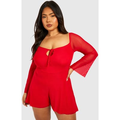 boohoo Dames Plus Mesh Playsuit met strikdetail, uitlopende mouwen en zwierige pasvorm | Dark Red | Maat: 16