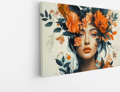 Saammp - Canvas Schilderij - Vrouw met oranje bloemen - Abstract - 30x20 - Foto op canvas - Wanddecoratie - Muurdecoratie Woonkamer - Slaapkamer decoratie - Canvas Print